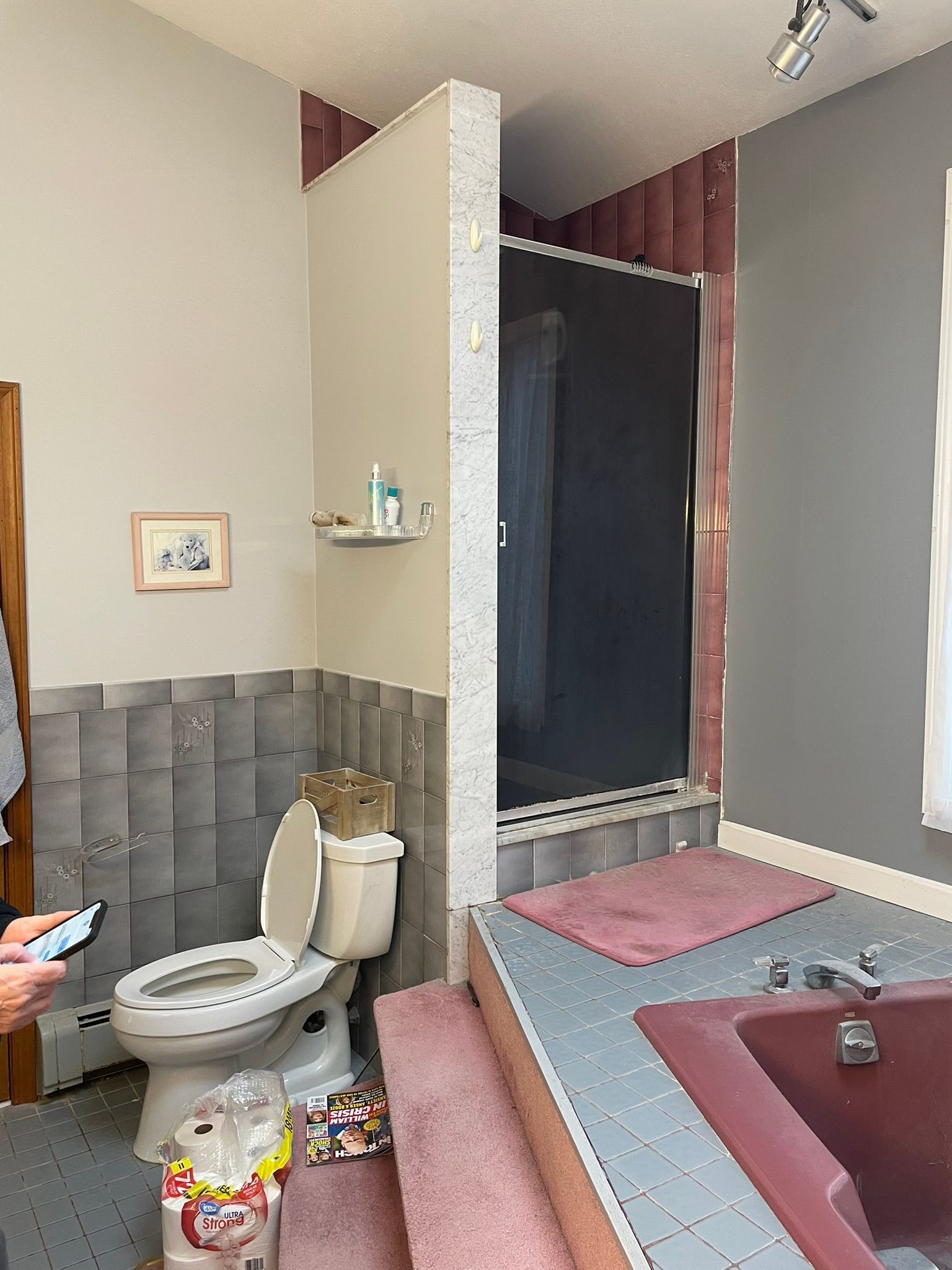 Bathroom with toilet, walk-in shower, and pink-tiled bathtub; person holding a phone partly visible on the left.