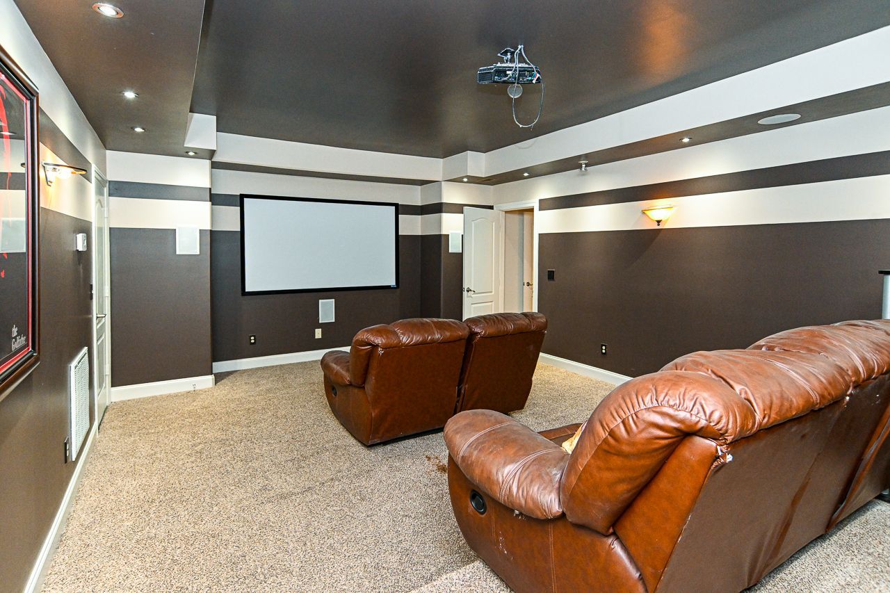 A home theater with two couches and a projector screen.