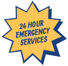 Yellow starburst graphic with blue border and text: 