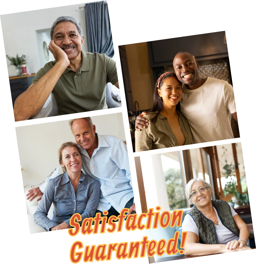 Collage: Four smiling adults, diverse ethnicities, indoors. 