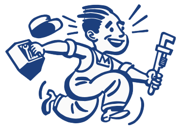 Smiling plumber running with tools and a wrench.
