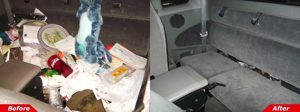 Car interior split before and after cleanup, showing cluttered back seat and neat gray upholstery.