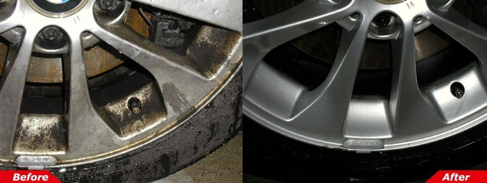 Dirty car wheel before and clean silver wheel after, shown side by side.