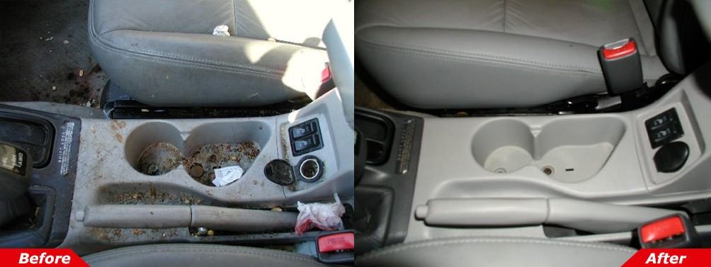 Car interior before-and-after with a dirty center console replaced by a clean beige console.