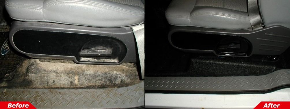 Car interior before-and-after showing a dirty floor vent cleaned and the area tidied.