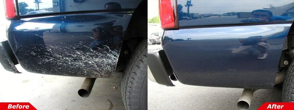 Before-and-after photos of a dark blue car door repaired and repainted after damage.
