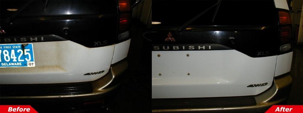 Rear of a white SUV at night, shown in a before-and-after comparison with a license plate blurred.