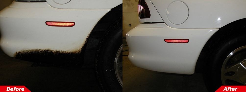 Before-and-after view of a car’s rear bumper showing mud removed, with a red reflector visible.
