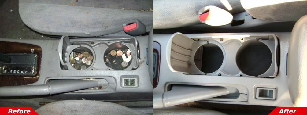 Car dashboard before-and-after: cluttered center console replaced with a clean, open storage area.