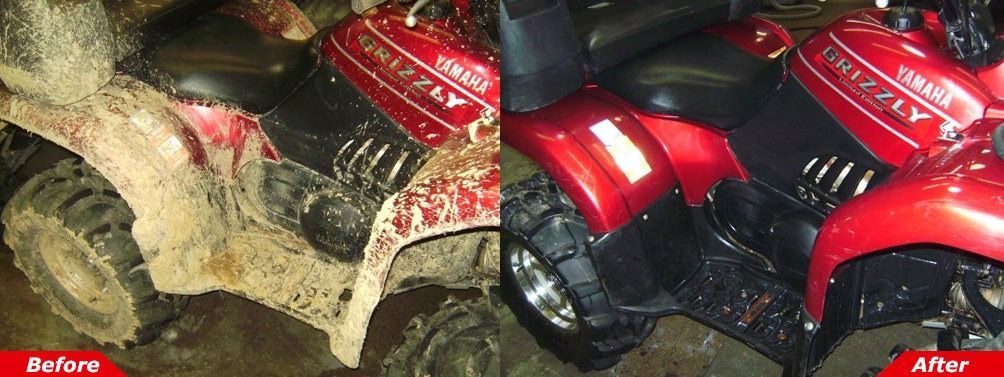 Before-and-after of a muddy red ATV being washed clean, split-screen comparison.