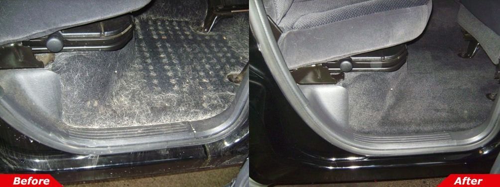 Car floor mat before-and-after: dirty mat on left, clean black mat on right
