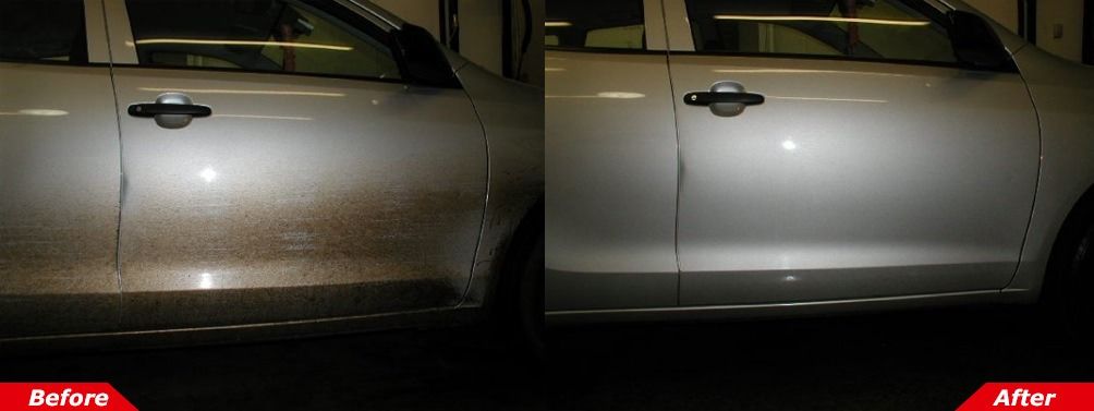 Side-by-side before-and-after of a silver car door, showing a dirty panel cleaned and polished.
