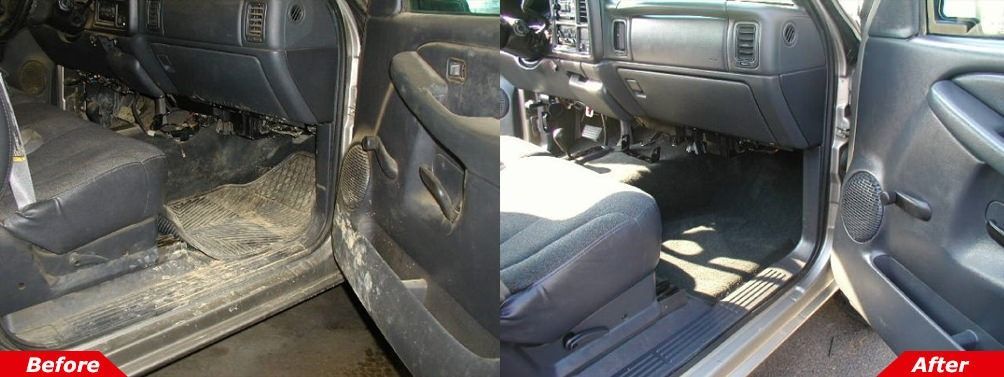 Car interior before-and-after: rear seat removed, adding a flat cargo floor and side storage panels.