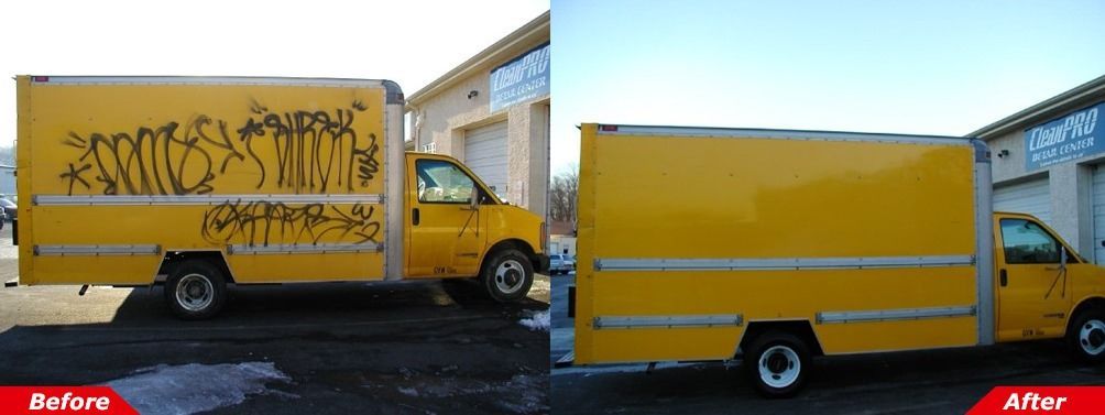 Before-and-after view of a yellow truck with graffiti, transformed into a plain yellow box truck.