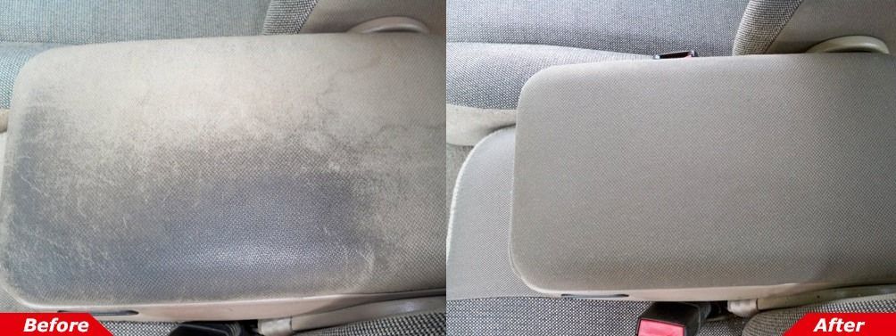 Before-and-after close-up of a gray upholstered surface, showing visible dirt on the left and clean fabric on the right.