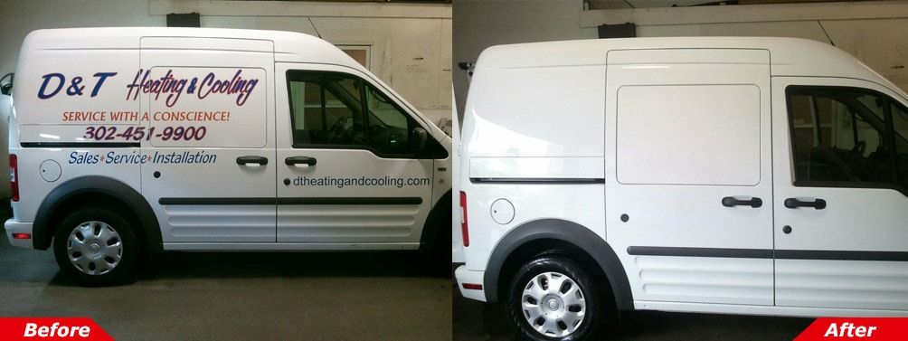 Before-and-after view of a white cargo van with custom lettering removed, parked in a garage.