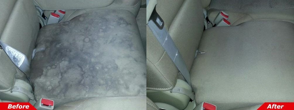 Car seat before-and-after: dirty gray cushion cleaned to look like new.
