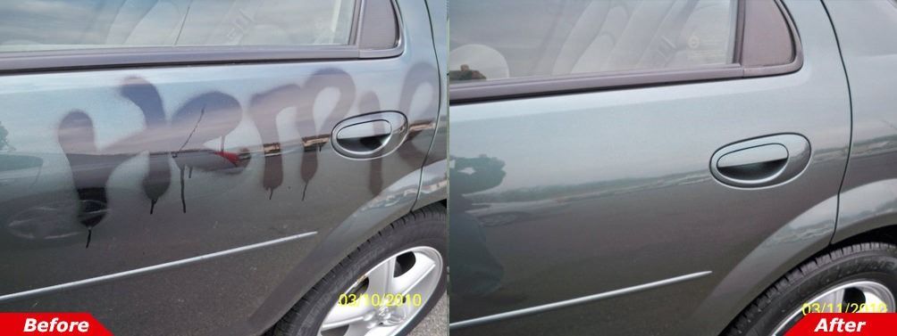 Before-and-after view of a silver car door with faded graffiti removed from the side panel.