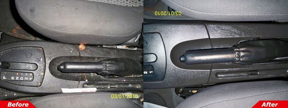 Car interior center console before and after cleaning, showing removed debris and restored black console trim