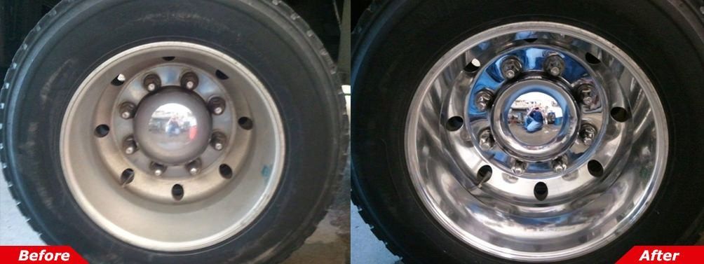 Before-and-after of a truck wheel: dull beige rim on left, polished chrome rim on right.