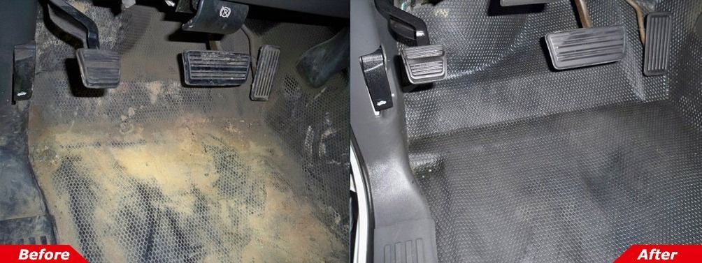 Carpeted car floor before and after cleaning, showing a large dirty stain removed.