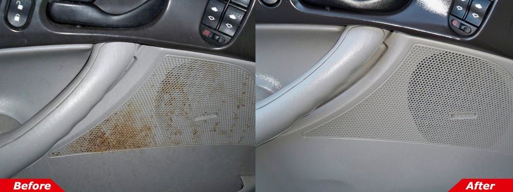 Before-and-after car seat stain removal, showing a dirty gray seat cleaned to beige.