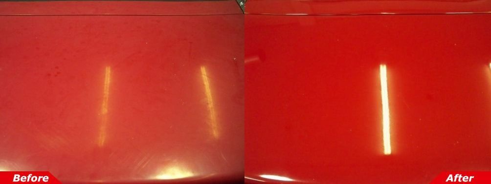 Split-screen red car panel before and after polishing, with brighter reflections on the right.