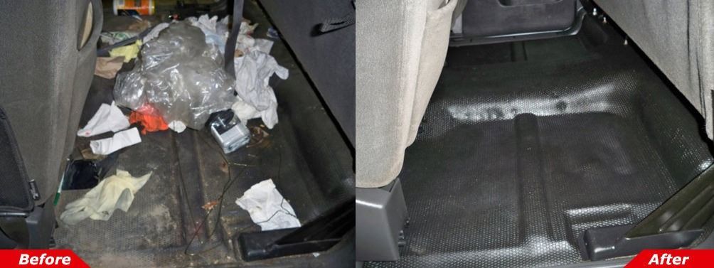 Car interior floor before and after cleanup, showing trash removed and carpet cleared