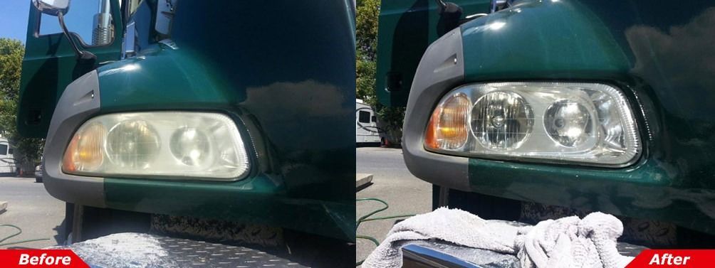Car headlight before-and-after, showing a dull yellow lens changed to a clear, bright one.