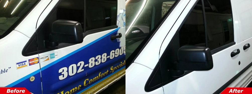 White van with blue-and-gold side graphics shown in before-and-after comparison, close-up of driver's door