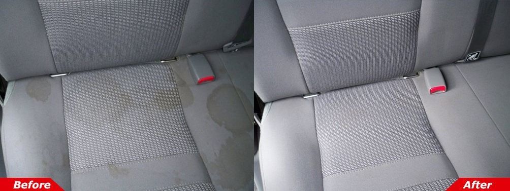 Side-by-side car seat fabric comparison labeled before and after, showing a cleaner gray seat with a red latch.