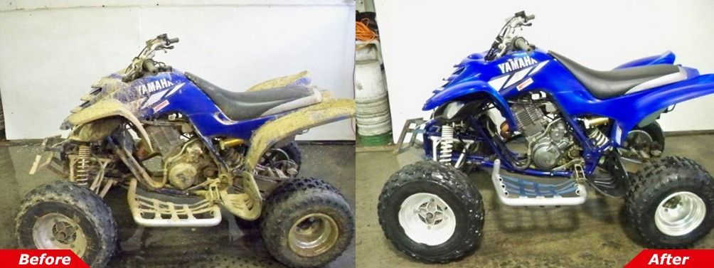 Before-and-after of a blue ATV: dirty on the left, cleaned and restored on the right.