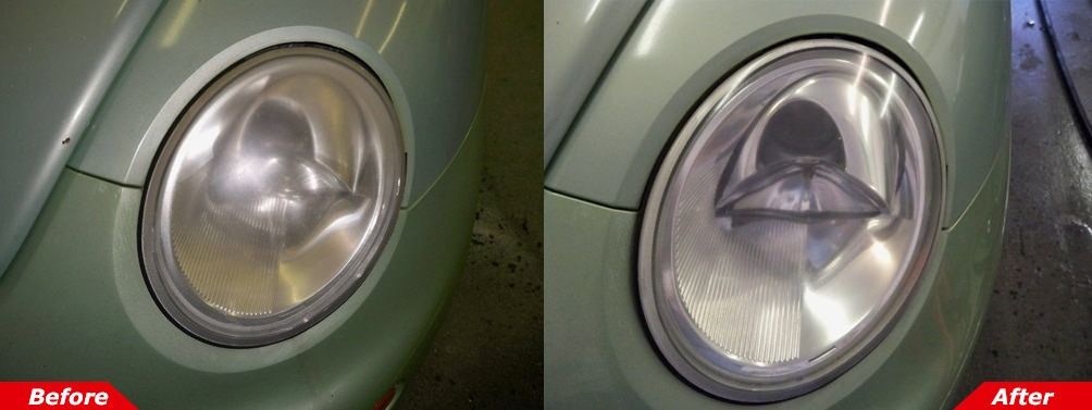 Split-screen before-and-after of a green car’s headlight, with the right side cleaned and reflective.