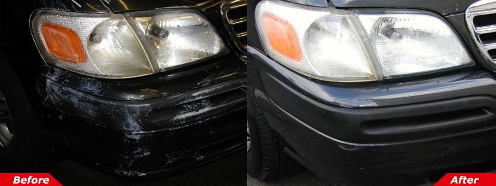 Before-and-after view of a black car bumper being repaired, split into left and right halves.
