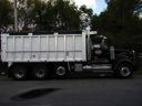 Black dump truck parked outdoors beside trees and a road