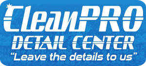 CleanPRO Detail Center logo on blue background with slogan &ldquo;Leave the details to us&rdquo;