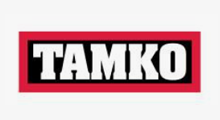 The TAMKO logo, featuring white, bold block lettering on a black rectangle framed by a thick red border.