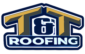 Logo for T&T Roofing, featuring the company name in blue and gold lettering stylized as a roof structure.