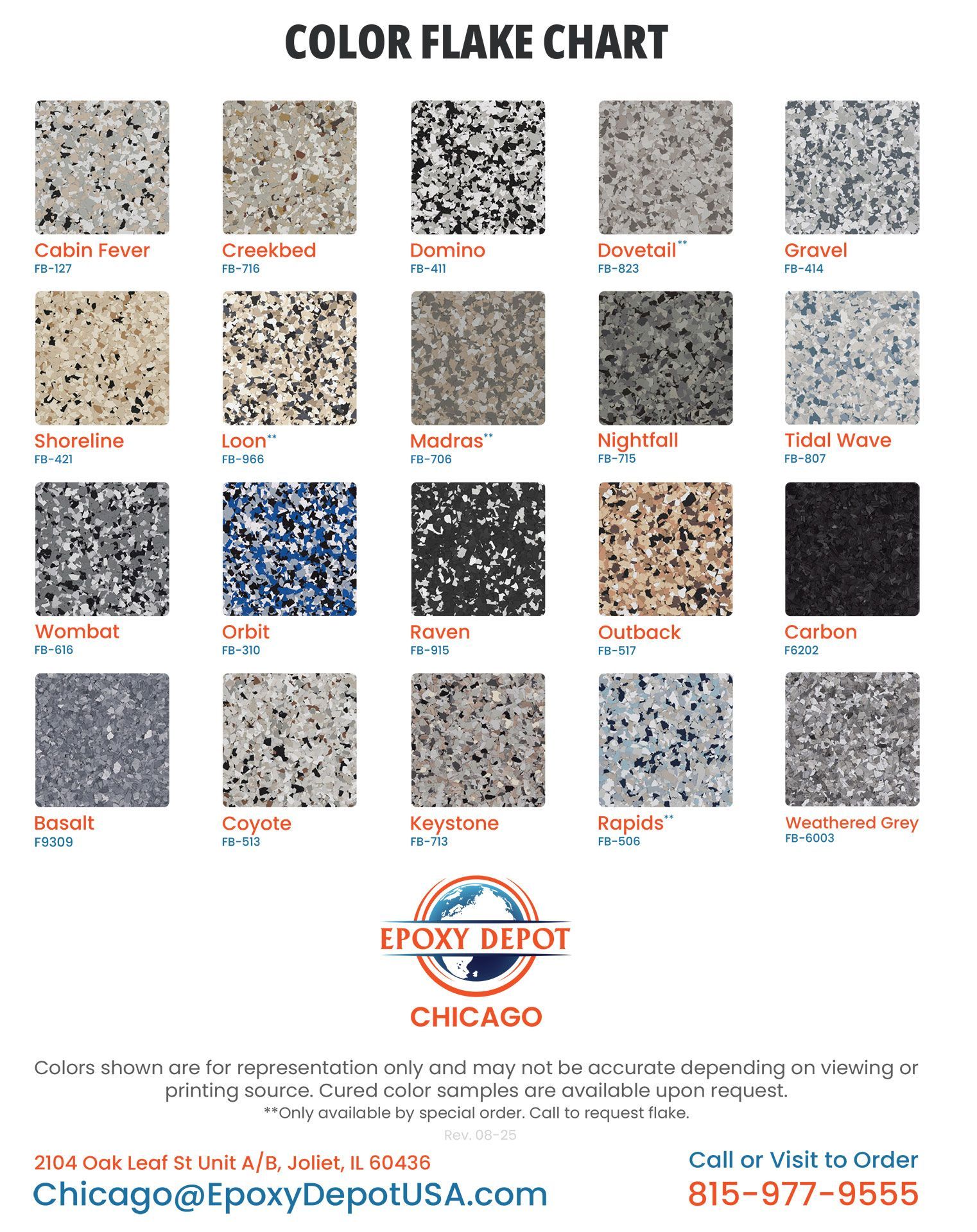 Color flake chart showcasing various epoxy floor flake colors.