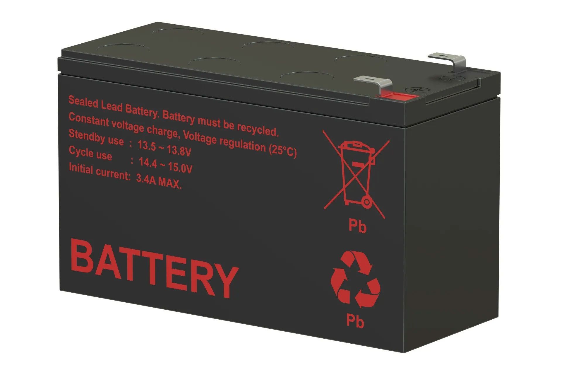 A black battery with red writing and a recycling symbol on it.