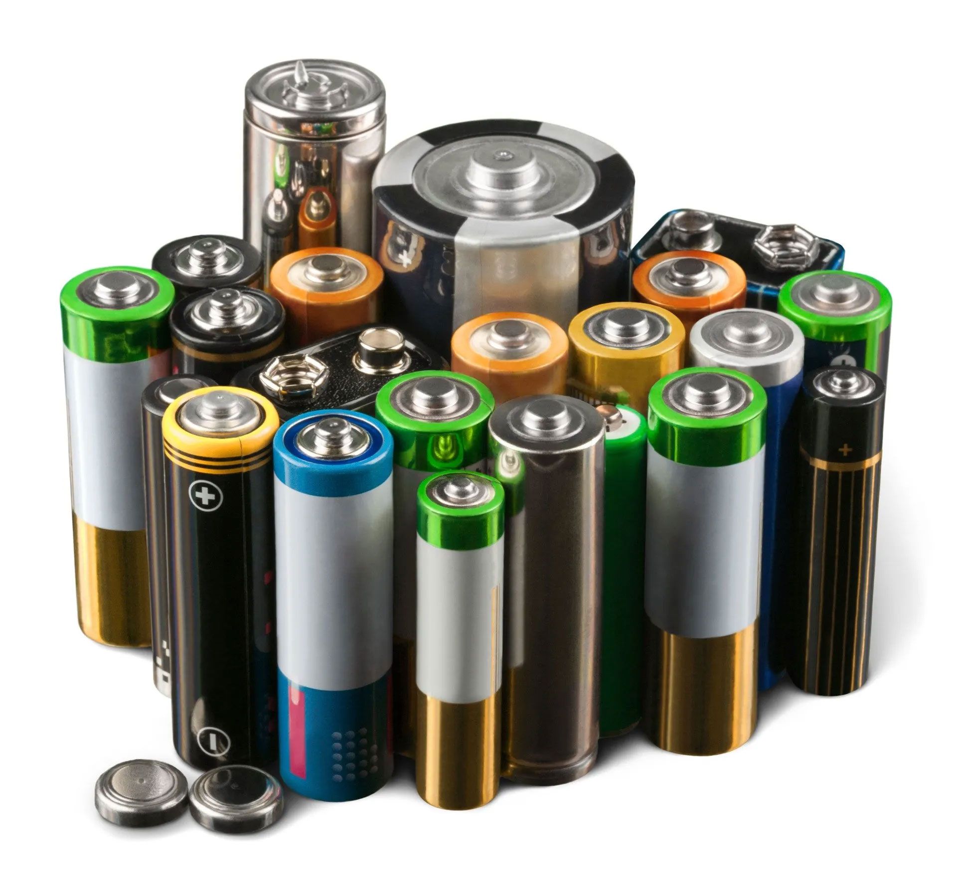 A bunch of different types of batteries are stacked on top of each other on a white background.