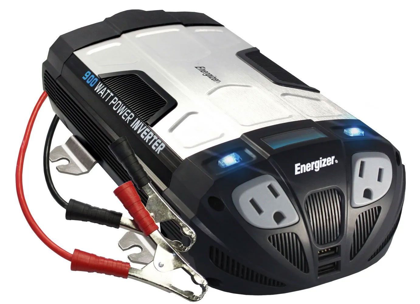 A black and white energizer power inverter on a white background