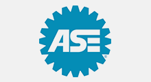 Blue ASE logo with white letters inside a gear-shaped circle