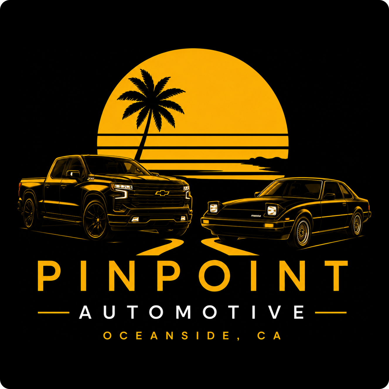 Pinpoint Automotive logo in yellow text on a black background