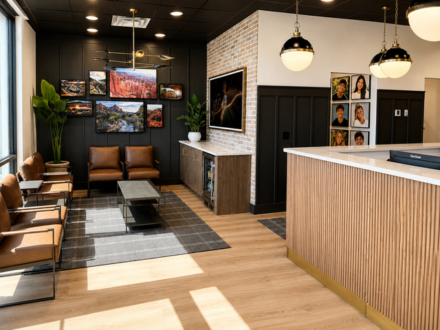 Modern lobby with brown seating, black accent wall, pendant lights, and a wood-front reception desk