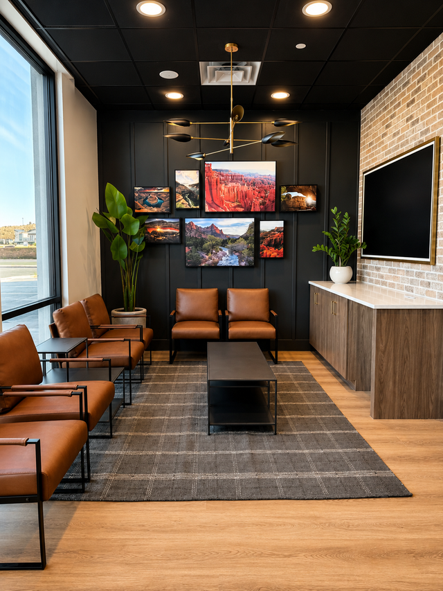 Modern lounge with leather chairs, wall art, potted plants, and an accent wall