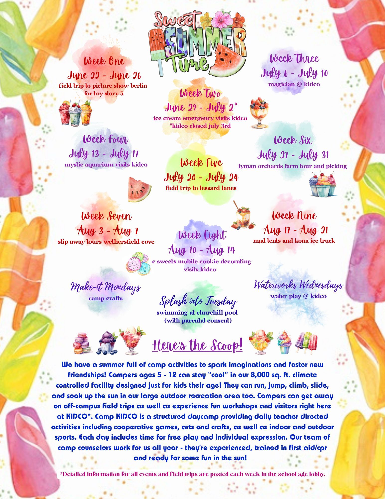 Colorful watercolor back-to-school schedule infographic with daily activities and times on a white background