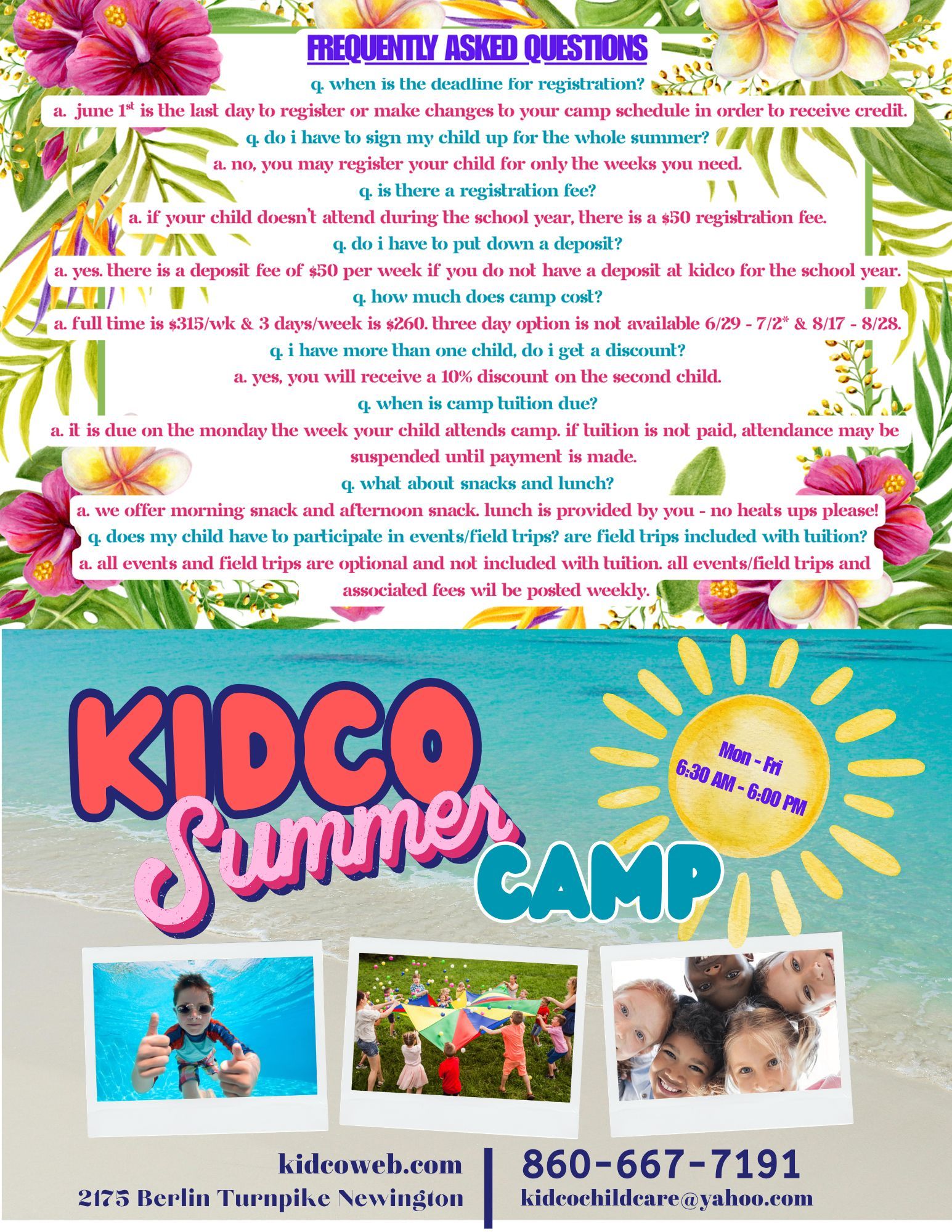 Kidco Summer Camp flyer with FAQ text, bright tropical colors, and photos of children and activities
