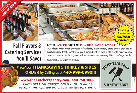 Ad for Butcher's Shop. Offers fall catering services, Thanksgiving turkey orders. Includes images of food, wine, and store info.