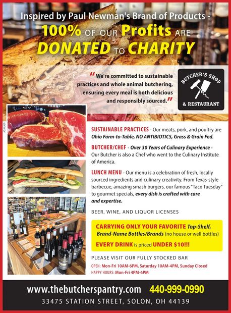 Advertisement for The Butcher's Pantry, featuring food photos and a charity donation message.